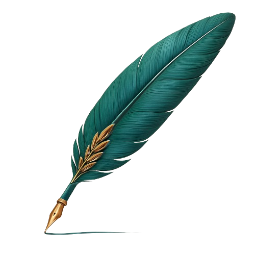 Schreibfeder Wüstenschreibtisch türkis mit goldenen Ornamenten Eine Feder mit goldenen Ornamenten im Kiel